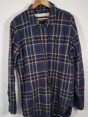 Off-White Navy Yellow Plaid Flannel Shirt XL Arrow Logo Temperature Virgil Abloh